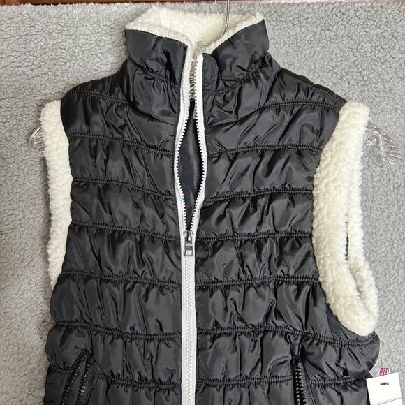 Pink Platinum Puffer Vest Girls Size‎ Small Black White Faux Sherpa Trim Casual - Picture 2 of 11